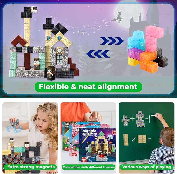 GraceDuck 100 PCS Magnetic Blocks - Magic‘s House Magnetic Building Blocks, Stacking Magnets for Kids, Sensory Toy for STEM Montessori Sensory Toys for Kids 3+ Boys and Girls Christmas Birthday Gifts