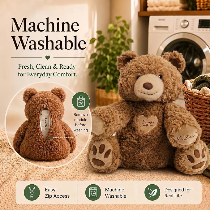 Breathing Teddy Bear Stuffed Animal for Anxiety Relief - Cuddly Breathing Plush with Calming Sounds and Gentle Light - Sleep Companion for Kids 3+, Teens and Adults - Machine Washable