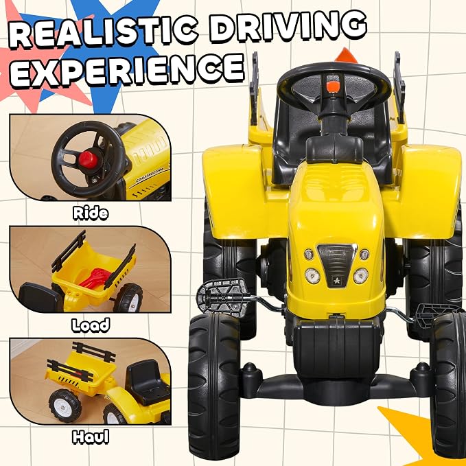 Aosom Kids Ride on Farm Tractor, Manual Pedal Ride on Car with Back Storage Trailer, Shovel & Rake, Horn for Age 3 Years Old, Yellow