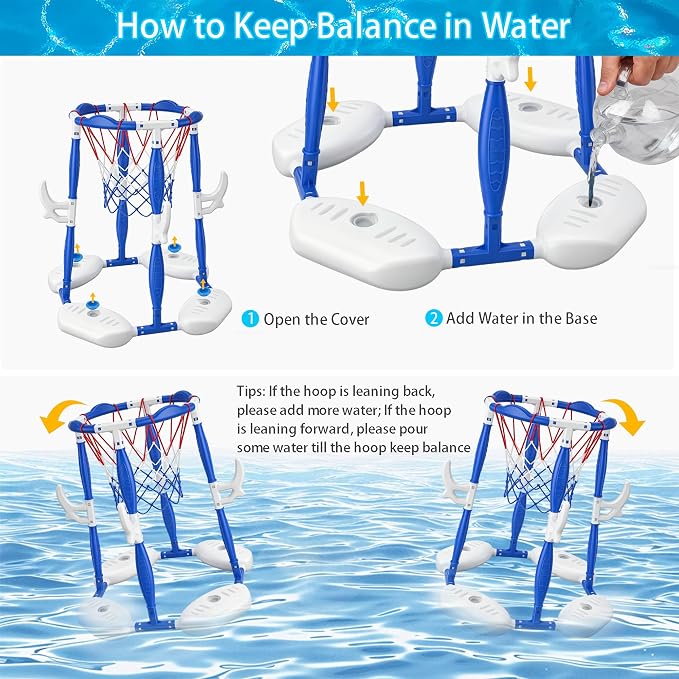 Pool Basketball Hoop, 2-in-1 Floating Basketball Hoop & Ring Games with 4 Balls 12 Rings and Pump, Outdoor Family Party Water Swimming Pool Basketball Float Toys for Kids Ages 4-8 8-12