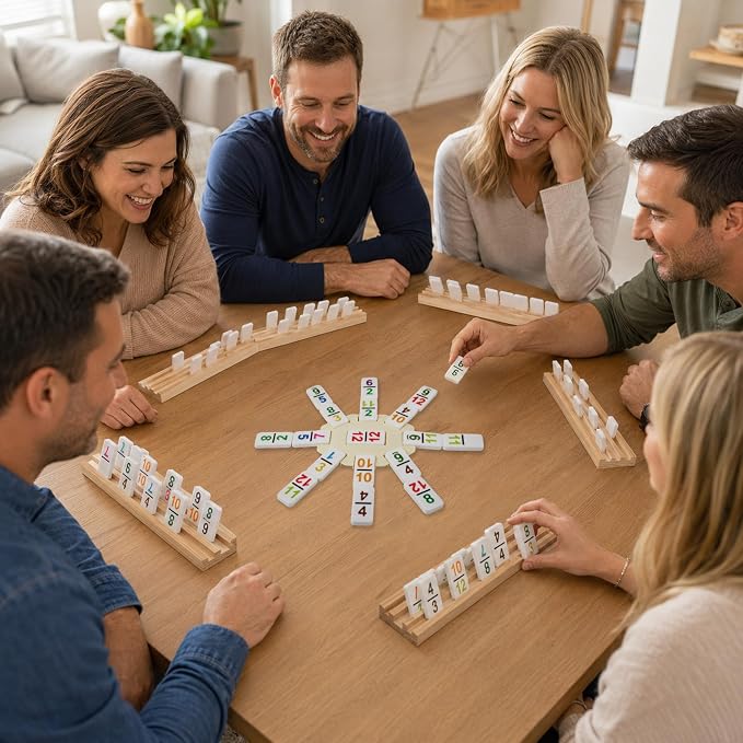 Mexican Train Dominoes Set Double 12 Number Domino Tiles, 91 Colorful Number Dominos Tiles with 8 Wooden Racks, Hub & Trains, Portable Domino Game Set for Adults Kids Families