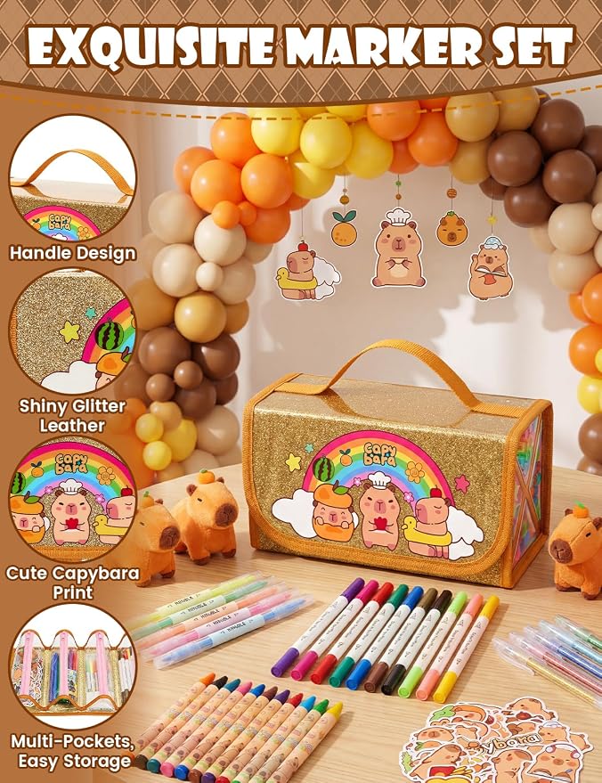 Defresit 129 PCS Washable Markers Set- Capybara Gifts for Girls, Art Supplies for Kids with Glitter Pencil Case, Coloring Kits for Kids, Ideal Gifts for Birthday Christmas Back to School