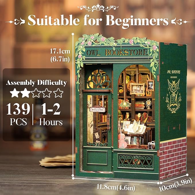 CUTEBEE Book Nook Kit - DIY Miniature House Dollhouse Kit for Adults, Booknook Tiny House Bookshelf Decor 3D Wooden Puzzle, Gifts for Family and Friends (Owl Bookstore)