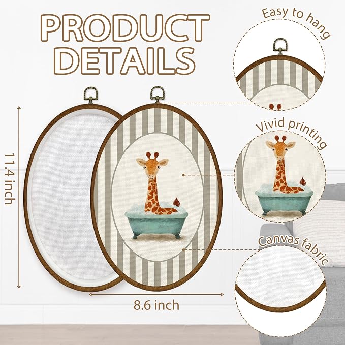 WULQYING Funny Giraffe Kids Bathroom Wall Art Decor, Kids Oval Framed Canvas Art Prints, Whimsical Neutral Striped Giraffe in Bathtub Wall Hanging Decor for Kids Bathroom Washroom, 8.5x11.4 Inches
