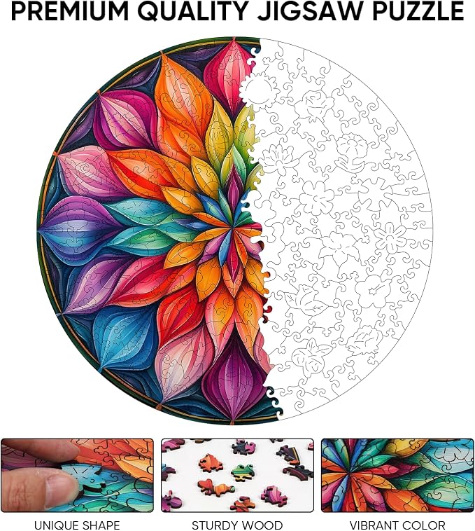 Ixfyloop Mandala Puzzles for Adults, Wooden Puzzles for Adults, Wood Puzzles Adult Unique Shaped Lotus Puzzle 200 Pieces, Wooden Jigsaw Puzzles for Adults Birthday Gift 10.9x11.2in