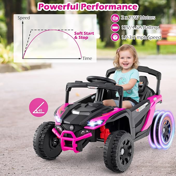 Costzon 12V Kids UTV Ride On Car, Battery Powered Electric Vehicle with Remote Control, 3 Speeds, LED Lights, Music, Horn & Spring Suspension, Off-Road UTV for Boys & Girls 3+ Years Old (Pink)