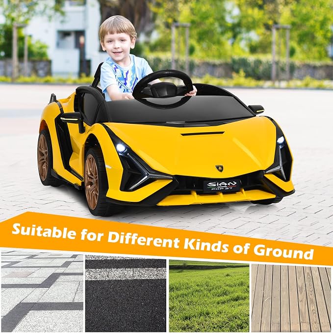 INFANS 12V Licensed Lamborghini Sian Kids Ride On Car with Parent Remote Control, Spring Suspension, MP3 Player, Electric Toy Roadster Carbon Fiber Textured for Toddler (Yellow)