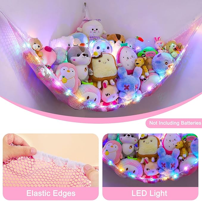 Unicorn Castle Stuffed Animals Net or Hammock Kids Toy Storage Organizer with LED Light Hanging Corner Stuffed Animals Holder Kids Girls Room Decor,Pink,Large (Pack of 1)