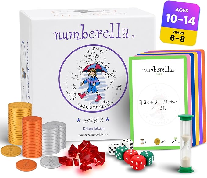 Numberella Deluxe Math Card Game – Level 3 | Ages 13–15, Grades 8–10 | Algebra, Geometry & Statistics | Middle School Math Game | Award-Winning STEM | 432 Questions, 6 Card Types | 2–5 Players