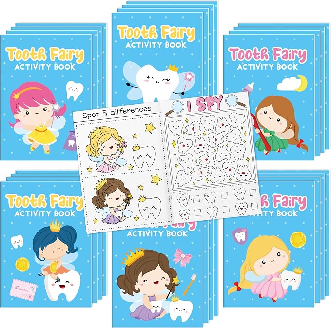 Tooth Fairy Activity Books for Kids - 48Pcs Cute Tooth Fairy Mini Games Coloring Book Set Bulk Cartoon Novelty Tooth Themed Mazes Word Search Word Scramble Games for Classroom DIY Art Gift Party Favor