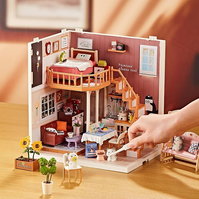 DIY Miniature House Kit for Kids 8+ – Cozy Home Tiny House with LED Light, Living Room, Kitchen & Swing Balcony, Dollhouse Mini Room Building Craft