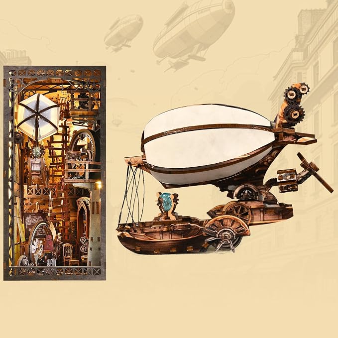 Book Nook Kit, DIY Miniature House Dollhouse Kit 3D Puzzle for Adults | Booknook Bookend Bookshelf Decor Tiny House Model Build with Airship Diorama, Gifts for Family and Friends