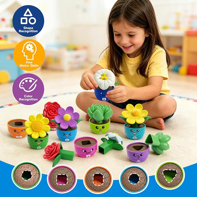 10 Sets Flower Garden Toddler Toys, Kids Gardening Building Toy, Color Shape Sorting & Matching Game, Montessori Stacking Sensory Learning Toys, 2 Year Old Girl Birthday Gift