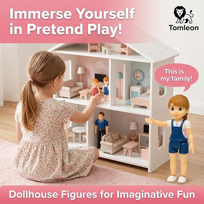 Family Dollhouse People - Bendable Doll House People Figures - 5 Poseable Action Figures Incl. Mom, Dad, Sister, Brother, & Toddler - Small Dolls for Doll-house Designed to Fit Standard Dollhouses