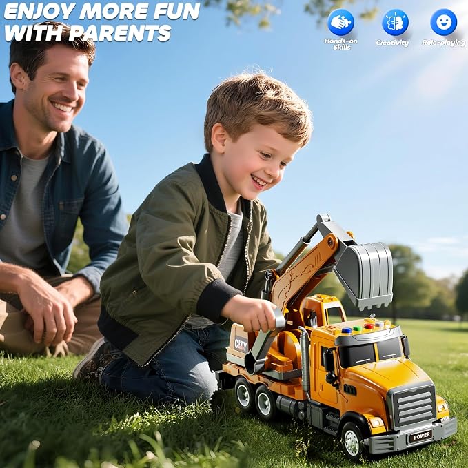 JUKUDAHU Excavator Toys for Boys Aged 3-5 4-6, Play Excavator with Light and Sound, Toy Truck Construction Vehicles Cars for Kids 2-4 4-7 Years Old, Birthday Gift for Girls Toddlers 1-3