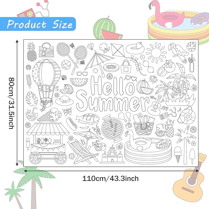 ZOIIWA Hello Summer Coloring Poster Giant Coloring Poster Large Summer Coloring Tablecloth Jumbo Coloring Books Classroom Home Birthday Party Supplies Favor 31.4 x 43.3 Inch