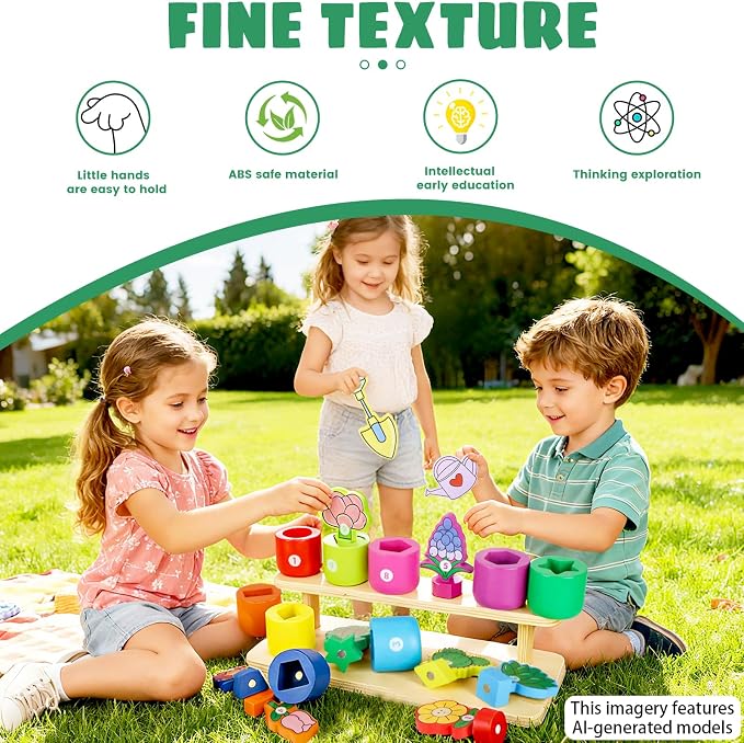 Scuwtocn Wooden Flower Garden Playset with Stand - Color & Shape Sorter | Fine Motor Skills & Number Cognition, Montessori Learning Toy for Toddlers, for 2 3 Year Old Boys and Girls