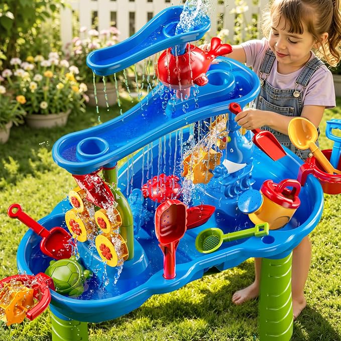 JUKUDAHU 3-Tier Water Table for Kids Ages 4-8 3-5, Sand and Water Table for Toddler with Beach Toys, Outdoor Toys Activity Sensory Play Table, Birthday Gifts for Toddlers 2 3 4 5 6 7 8 Boys Girls