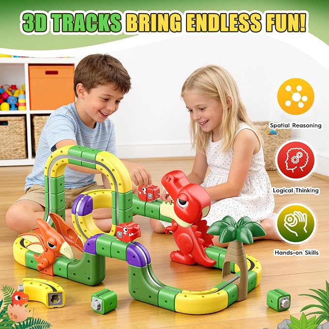 Upgrade Magnetic Train Set: 188PCS 3D Infinity Racer Electric Train Set for Kids Flexible Cube Track Anti-Gravity Dinosaur Train Toys Gifts for 3 4 5 6 7 8-12 Year Old Boys Girls
