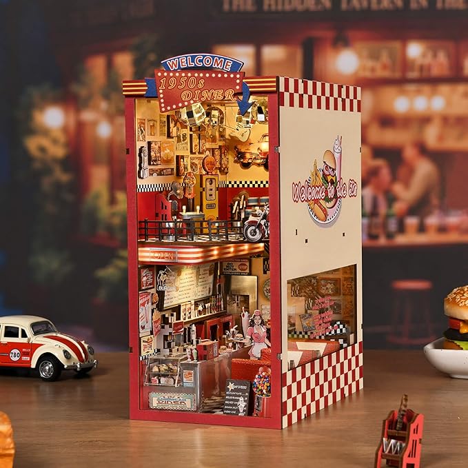 fifijoy Book Nook Kit - DIY Miniature House Dollhouse Kit for Adults and Teens, Booknook Retro Diner Bookshelf Decor 3D Wooden Puzzle with LED Light, Gifts for Family and Friends (1950s Diner)
