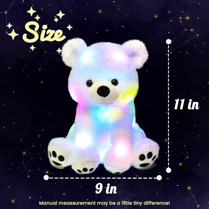 Hopearl LED Plush Polar Bear Lighting Up Stuffed Animal Floppy Night Lights Glow in The Dark Birthday Festival for Kids Boys Girls Toddlers, White, 11''
