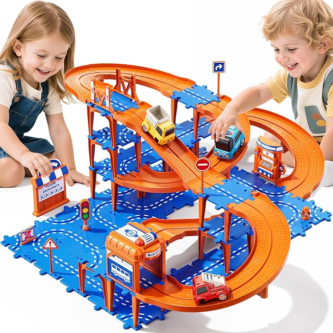 Puzzles Track Race Cars Toys for Kids Age 3-8 5-7, 4-Tier Race Track with 3 Cars, Toddler Educational Floor Puzzle Car Games Toys for Boys and Girls Toddlers, 3 4 5 6 7 8 Years Birthday Gift