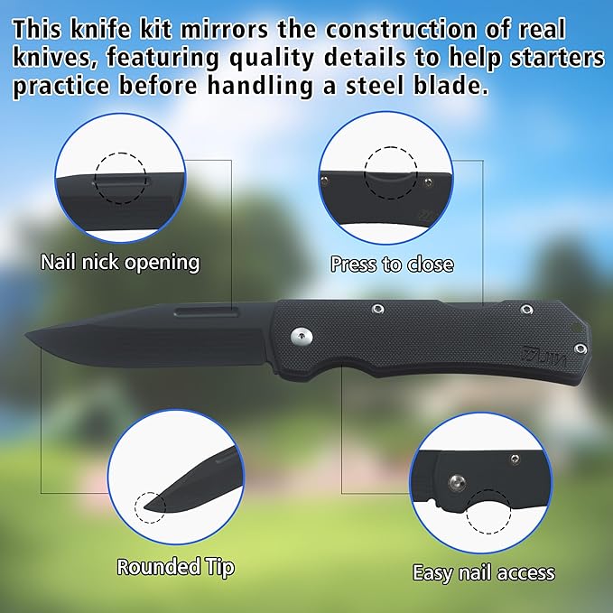 JIN Alpha Kids Pocket Knife, Safe Toy Knives, Dull G10 Blade, Folding EDC, DIY Making Kit, Fake Knife, Black G10 Blade Handle, Camping Tool