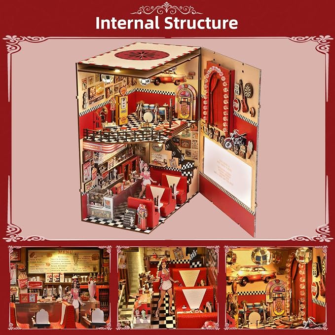 fifijoy Book Nook Kit - DIY Miniature House Kit for Adults, Retro 1950s Diner Tiny House Building Kit with LED, Dollhouse Kit Bookshelf Insert Decor Gifts of Family and Friends (1950s Diner)