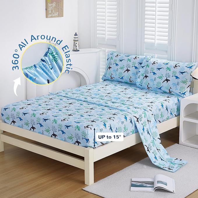 Viviland 4 Pieces Boys Blue Ocean Full Sheet Set - Soft Microfiber Fitted Flat Sheets & Pillowcases - Blue Ocean Whales, Sea Turtles, Marine Organisms Bedding Sets - for Kids & Toddlers