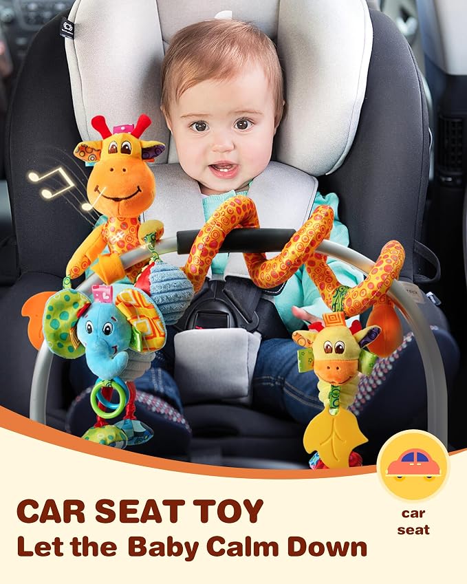 Jollybaby Crib Stroller Car Seat Toys for Baby 0-3-6-9-12 Months, Tummy Time Hanging Sensory Toys for Newborn with Music Box and Teether, Spiral Carseat Toy for Infant Boys Girls Gifts (Giraffe)
