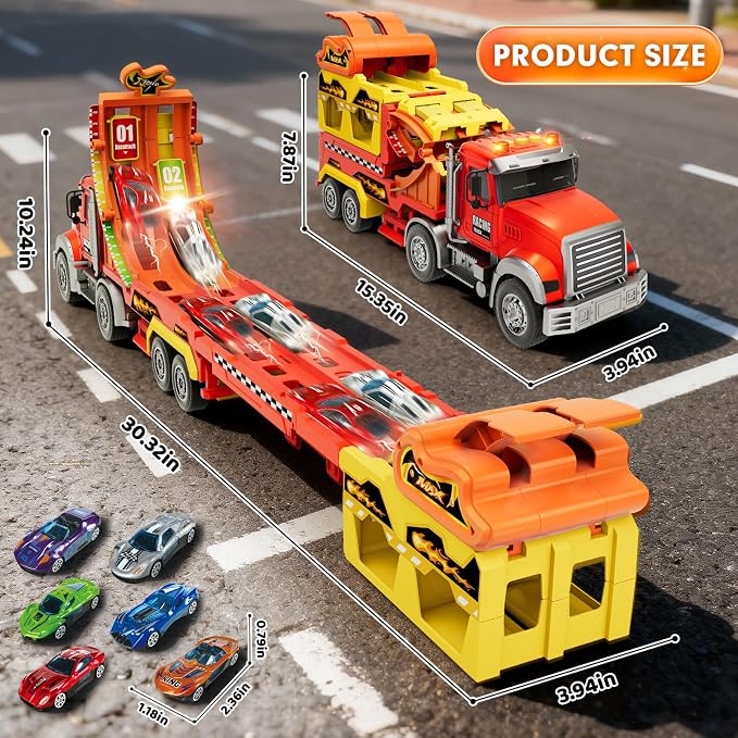 Truck Car Toys for 3, 4, 5, 6, 7, 8 Years Old Kids, Carrier Truck Race Track Toys, Foldable Transport Car Toys with Foldable Race Tracks and 6 Metal Cars, Birthday Gifts for Toddler Boys Girls (Red)