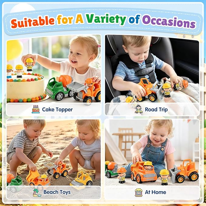 PLAY Recyclable 4 Pcs Construction Truck Toys with 4 Figures for Kids Ages 2 3 4 5 – Dump Truck Vehicle Toy Set, Non-Toxic Toy Car Gift for Toddler Boys and Girls