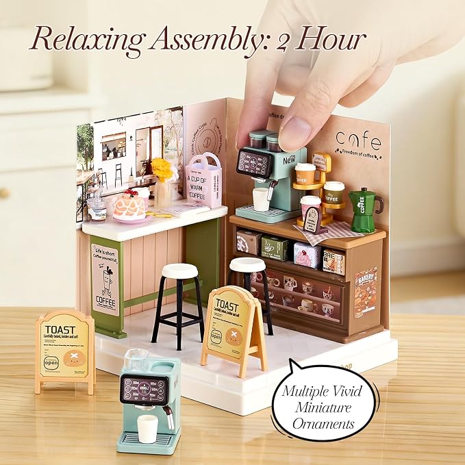 Miniature Coffee Shop DIY Kit with Acrylic Display Case – Collectible Café Dollhouse Room, Tool-Free Mini House Craft for Teens, Adults & Beginners