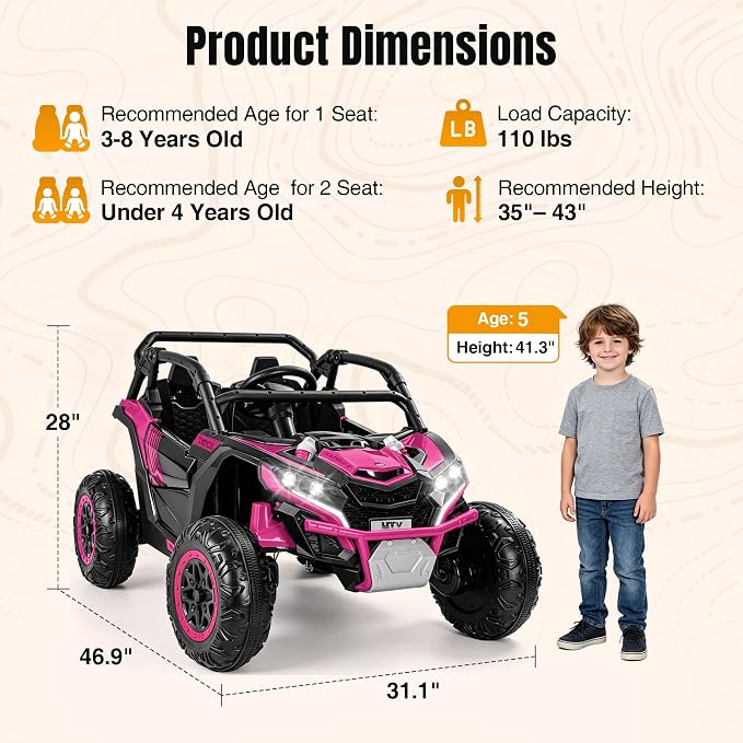 Firstness 24V Ride on Toys 800W Electric Remote Control Ride on Cars for Kids 2-Seater Riding Cars for Kids Ages 3-8, 3 Speed Mode, Music, LED Light, Off-Road UTV Ride on Truck for Boys & Girls, Pink
