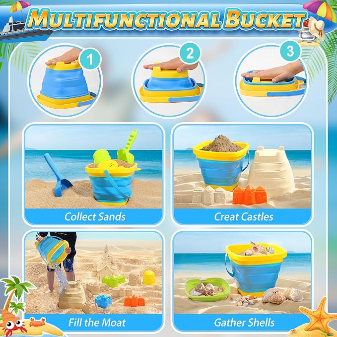 Collapsible Beach Sand Toys for Kids, Sandbox Toys Includes Bucket, Sand Shovel, Beach Sifter, Castle Molds, Toddler Beach Toys with Mesh Bag, Summer Travel Outdoor Beach Essentials for Kids Girls