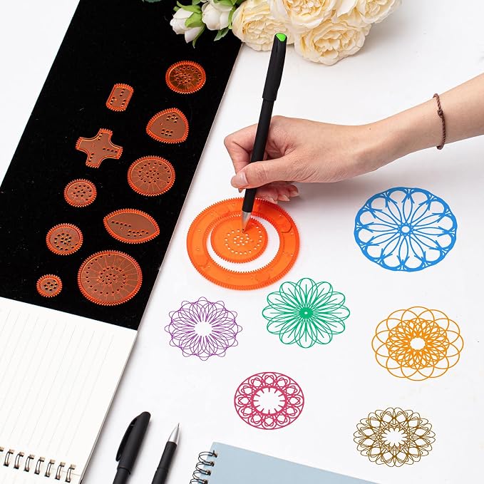 Chivao Spiral Art Kit Circle Stencils Drawing Tool Gear Geometric Ruler Circle Template Drawing Kit Plastic Spiral Curve Stencils with Pens Paper for Back to School Gifts DIY Crafts Sketch(Elegant)