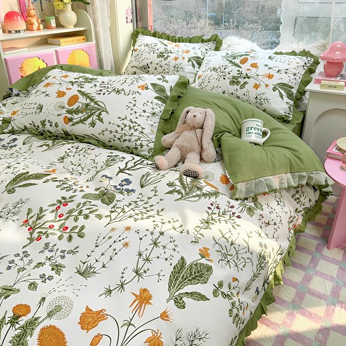 Twin XL Comforter Set 3 Pieces Cute Flower Botanical Comforter Set with Chic Ruffles Aesthetic Green Floral Comforter with 2 Pillowcases Romantic Princess Ruffle Bedding Comforter for Teen Girls