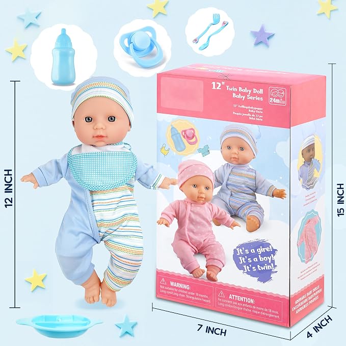 Toy Choi's Twin Baby Dolls 12 inch Soft Body Black and White Doll Set, Babydoll Playset with Rompers, Hat, Pacifier and Doll Bibs, Gifts Toys Toddlers Kids Boys and Girls | Blue Outfit Doll Set