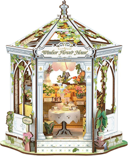 CUTEBEE DIY Miniature House Kit - 3D Wooden Puzzle Flower House Florist Book Nook Kit Model Building Set, Bookshelf Room Decor, DIY Craft Gifts for Adults Teens 14+ (Windsor Flower House)