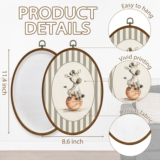 WULQYING Vintage Zebra Basketball Nursery Wall Art Decor, Sports Oval Framed Canvas Art Prints, Neutral Striped Zebra Basketball Wall Hanging Decor for Kids Boy Nursery Room Playroom, 8.5x11.4 Inches