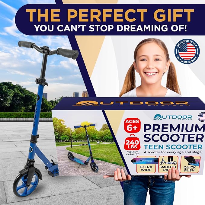 Outdoor Cruiser Kick Scooter for Ages 6+, for Kids, Teens, and Adults, Max Load 250 LBS, Foldable, 8-inch Wheels for Kids and Adults, Dual Suspension, 3 Adjustable Levels, Child Safety Approved, Blue