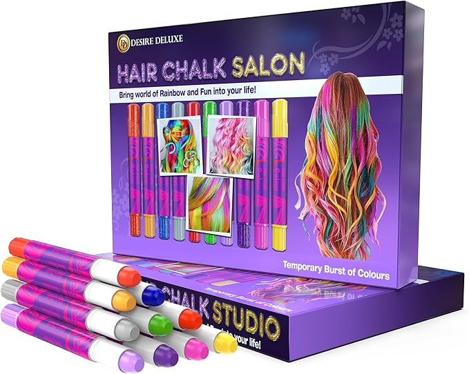 Desire Deluxe Girls Gifts Hair Chalk - 10 Temporary Washable Color Pens for Kids, Teenage, Make Up & Dress Up Colourful Styles Set Toy for Christmas, Birthday, Halloween Accessories, Party Activities
