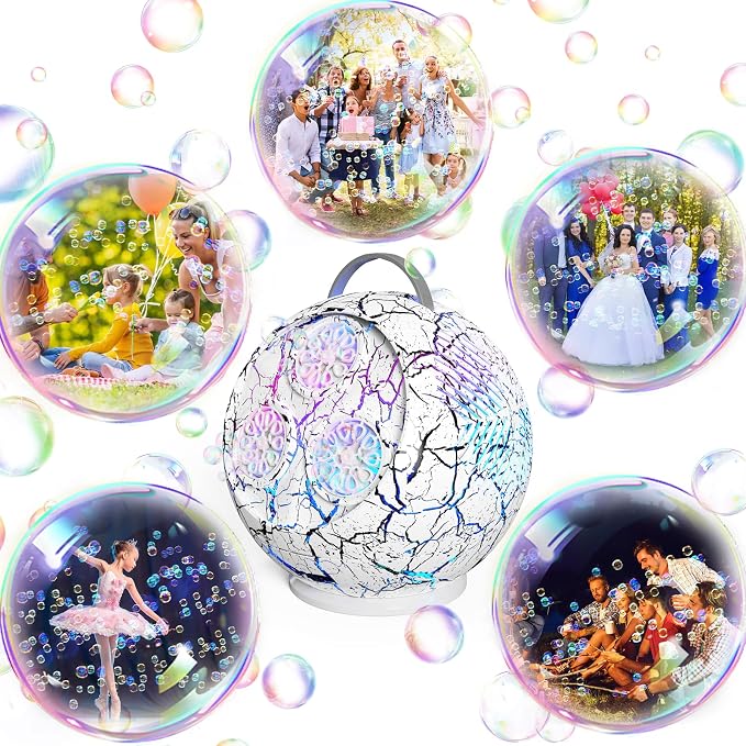 Bubble Machine Automatic Bubble Blower for Kids Toddlers Spherical LED Bubble Maker Electric Auto Rotating 45°/360° Outdoor Toy for Easter and Birthday Gift Party Wedding