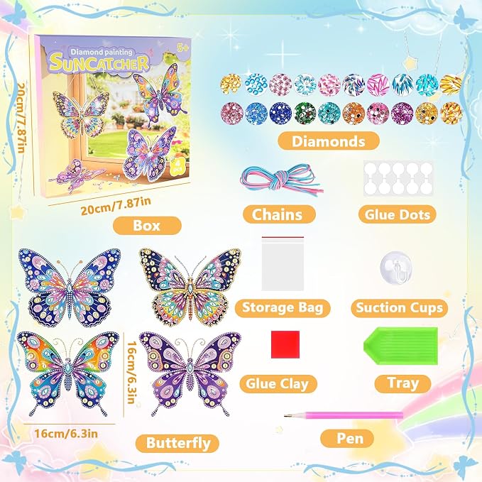 LCOZX 4 Pack Butterfly Diamond Art Window & Wall Art Kit, DIY Gem Art Suncatcher Crafts for Kids Ages 6-12, Birthday Gifts for Girls, Bedroom, Cabinet & Glass Decor