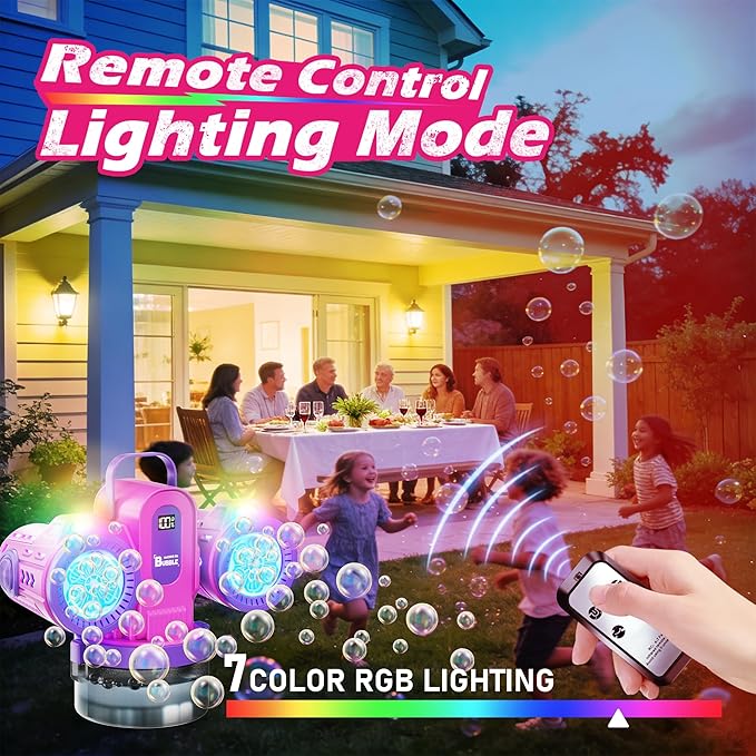 Dual-Engine Bubble Machine with Auto Rotation & RGB Lights & Remote Control,1800mA Type-C Rechargeable,700mL Tank,Bubble Maker for Kids, Party, Wedding, Backyard Outdoor Toy