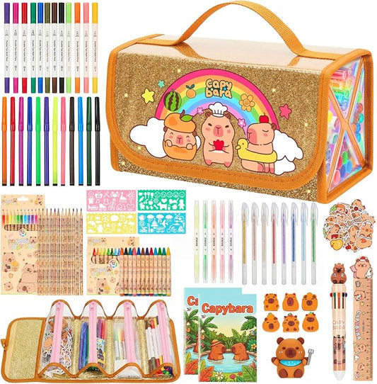 Defresit 129 PCS Washable Markers Set- Capybara Gifts for Girls, Art Supplies for Kids with Glitter Pencil Case, Coloring Kits for Kids, Ideal Gifts for Birthday Christmas Back to School
