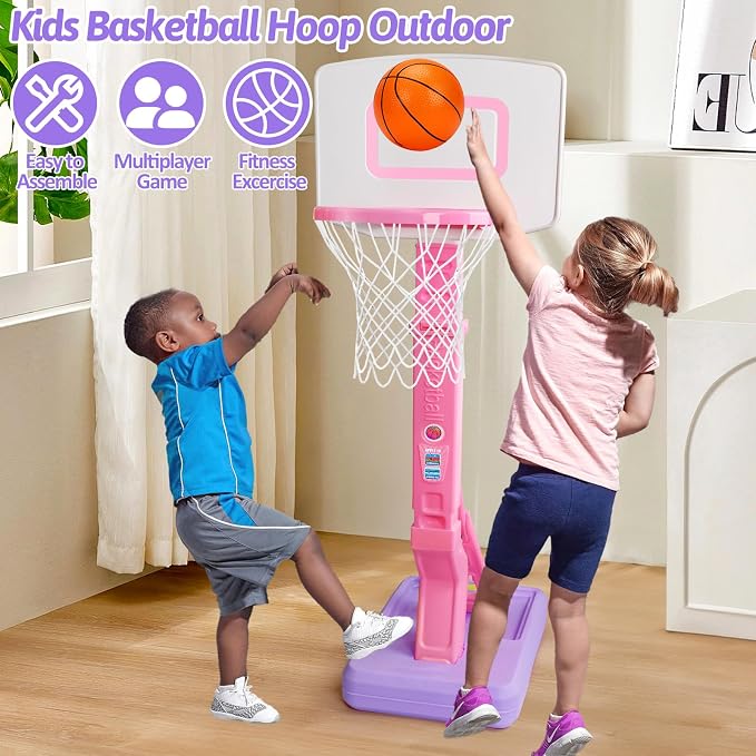 Qirptey Toddler Girl Basketball Hoop Indoor Pink Adjustable Mini Basketball Goal with Ball Pump for Outdoor Poolside Toys Backyard Game Outside Basketball Toy for Kids Age 3-5 6 7 4-8 Birthday Gift