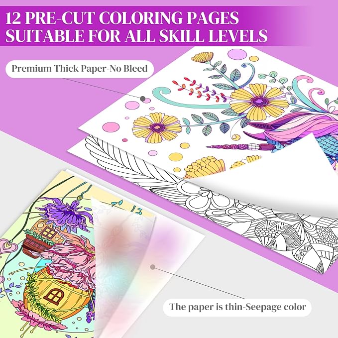 Adult Coloring Book with 24 Dual Tip Colors Markers, 12 Pcs Premium Coloring Pages & 2 Pcs Wooden Photo Frames & 24 Colors Markers, Mindfulness Art-Painting-Kits Gifts for Women - Flowers