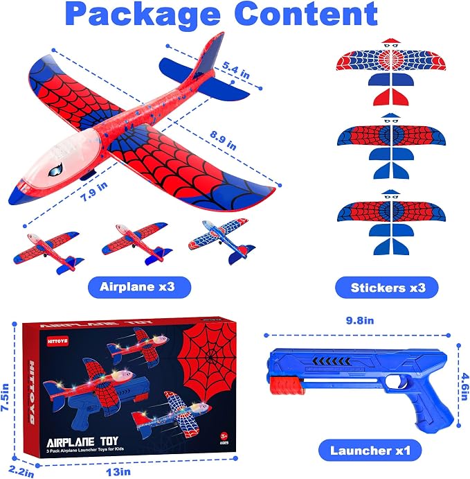 Airplane Launcher Toy for Kids, 3 Pack Spider Foam Gliders Air Planes with Led, 2 Flight Modes 3 4 5 6 7 Year Old Boys Girls Outdoor Flying Toys Outside Sport Games Birthday