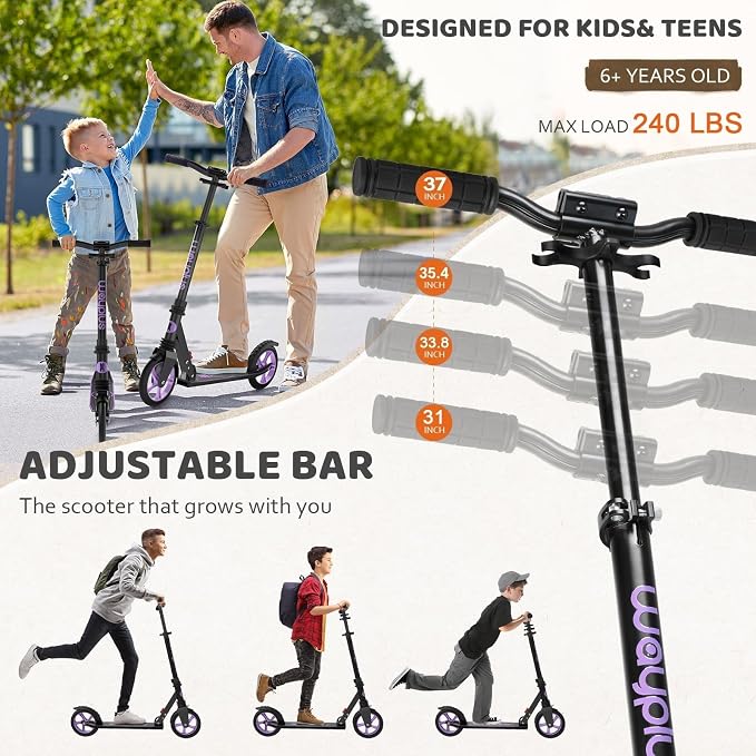 WAYPLUS KS1 Kick Scooter for Ages 6+,Kid, Teens & Adults. Max Load 240 LBS. Foldable, Lightweight, 8IN Big Wheels for Kids, Teen and Adults, 4 Adjustable Levels. Bearing ABEC9 FED Fitness